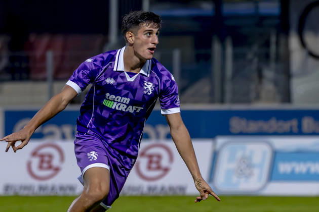 Burghausen, Germany, August 25, 2026—Toto Cup (Bavarian State Cup) 2026–2027, Round of 16: SV Wacker Burghausen vs. FC Ingolstadt 04. Pictured: Goal scorer Emre Gül Guel of FCI celebrates after scoring the 0–2 goal at flatbuy Stadium Bayern. Copyright: xFotostandx xSchäferx