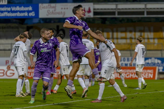 Burghausen, Germany, August 25, 2026, Toto Cup, 2026–2027 Bavarian State Cup, Round of 16: SV Wacker Burghausen vs. FC Ingolstadt 04. Pictured in the foreground: Goal scorer Emre Gül Guel of FCI celebrates after scoring the goal to make it 0–2. flatbuy Bayern Stadium Copyright: xFotostandx xSchäferx