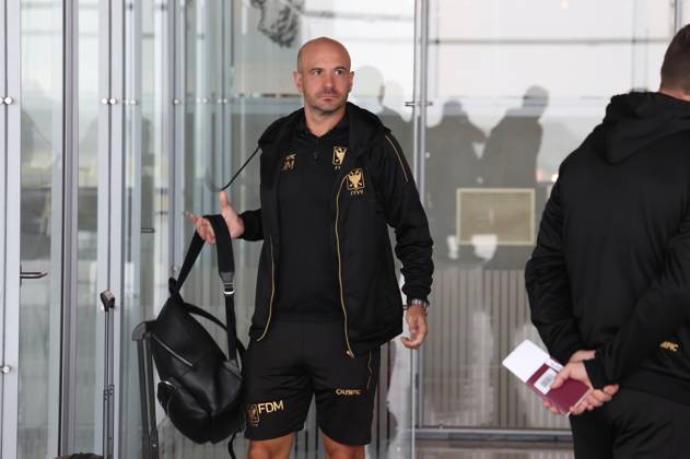 STVV s head coach Frederic De Meyer pictured at Liege airport as Belgian soccer team Sint-Truidense V.V. is on the way to Nicosie, Cyprus, Wednesday 26 August 2026, in preparations of the return leg of the play-off round for the UEFA Europa League league phase, against Cypriot team AC Omonoia Nicosia. STVV won the first leg 1-0. BRUNOxFAHY x184351659x