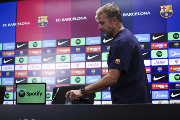 August 26, 2026, Sant Joan Despi, Barcelona, Spain: Hansi Flick, head coach of FC Barcelona, Barca attends his press conference, PK, Pressekonferenz during the training day of FC Barcelona ahead the Spanish League, LaLiga EA Sports, football match against Athletic Club at Ciudad Esportiva Joan Gamper on August 26, 2026 in Sant Joan Despi, Barcelona, Spain. FC Barcelona Training And Press Conference - LaLiga EA Sports  - ZUMAa181 20260826_zaa_a181_070 Copyright: xJavierxBorregox