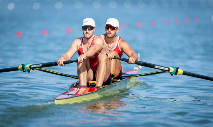 AMSTERDAM - Jonah Plock and Patrick Brunner (SUI) in action in the men s pair without cox on the third day of the World Rowing Championships at the Bosbaan in the Amsterdam Forest. IRIS VAN DEN BROEK ANP xVIxANPxSportx xxANPxIVx 566311794 originalFilename: 566311794.jpg
