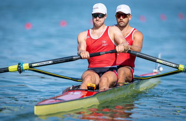 AMSTERDAM - Jonah Plock and Patrick Brunner (SUI) in action in the men s pair without cox on the third day of the World Rowing Championships at the Bosbaan in the Amsterdam Forest. IRIS VAN DEN BROEK ANP xVIxANPxSportx xxANPxIVx 566311828 originalFilename: 566311828.jpg