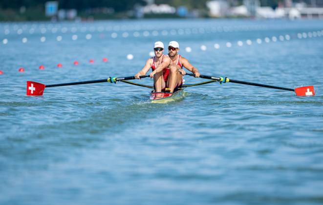 AMSTERDAM - Jonah Plock and Patrick Brunner (SUI) in action in the men s pair without cox on the third day of the World Rowing Championships at the Bosbaan in the Amsterdam Forest. IRIS VAN DEN BROEK ANP xVIxANPxSportx xxANPxIVx 566311847 originalFilename: 566311847.jpg