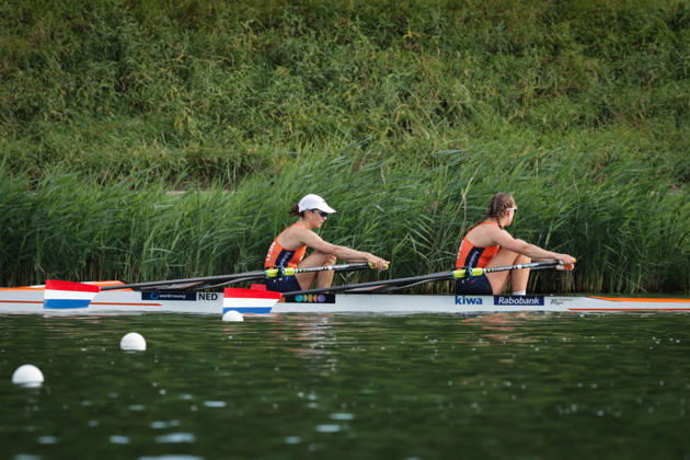 RECORD DATE NOT STATED 26th August 2026; Bosbaan, Amsterdam, Holland, Netherlands; 2026 World Rowing Championships, Day Three; Netherlands Womens Double Sculls (W2x) with Roos de Jong and Benthe Boonstra cool down aft Semifinal AnthonyxBenoit