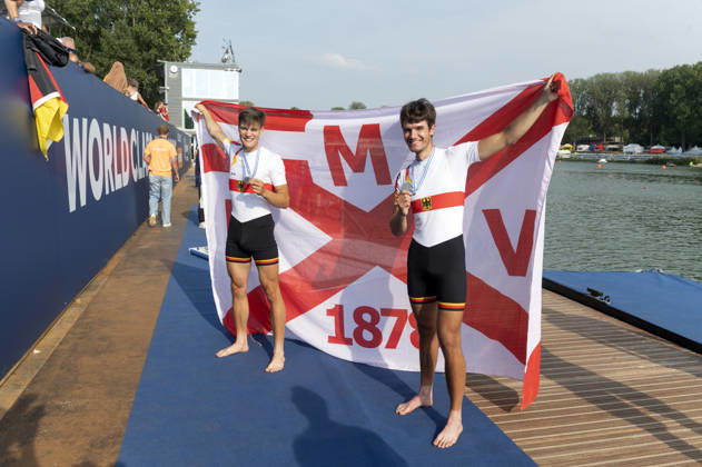 Amsterdam The Netherlands 27th August 2026 2026 World Rowing Championships on the Bosbaan in Amsterdam Lightweight Men s Double Sculls Final A (Final) Naveen Alexander Shah and Maximilian Ruehling (GER) win silver. With the flag of the Mainz Ruder-Verein 1878 watersport,