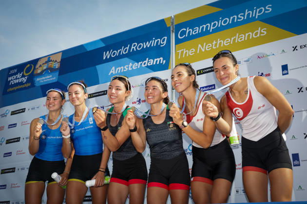 RECORD DATE NOT STATED 27th August 2026; Bosbaan, Amsterdam, Holland, Netherlands; 2026 World Rowing Championships, Day Four; the medal ceremony; Greece Lightweight Womens Double Sculls (LW2x) with Paschalina Mouratidou and Gavriela Lioliou silver medallists, Mexico Lightweight Womens Double Sculls (LW2x) with Aylin Maryah Ibarra Maduena and Melissa Marquez gold medallists and Tunisia Lightweight Womens Double Sculls (LW2x) with Khadija Krimi and Selma Dhaouadi bronze medallists AnthonyxBenoit