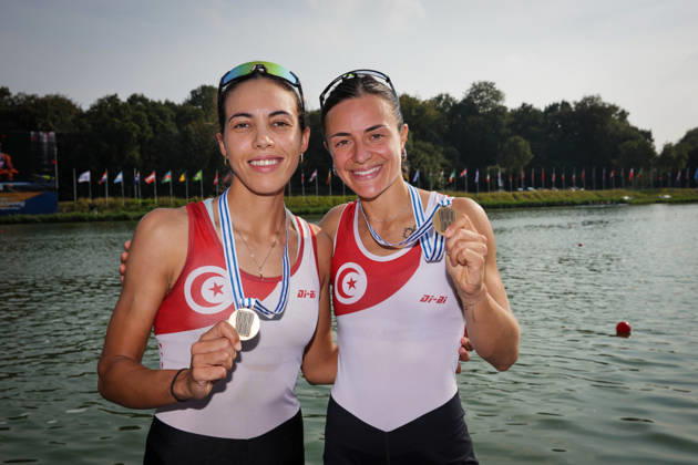 RECORD DATE NOT STATED 27th August 2026; Bosbaan, Amsterdam, Holland, Netherlands; 2026 World Rowing Championships, Day Four; the medal ceremony; Tunisia Lightweight Womens Double Sculls (LW2x) with Khadija Krimi and Selma Dhaouadi bronze medallists AnthonyxBenoit