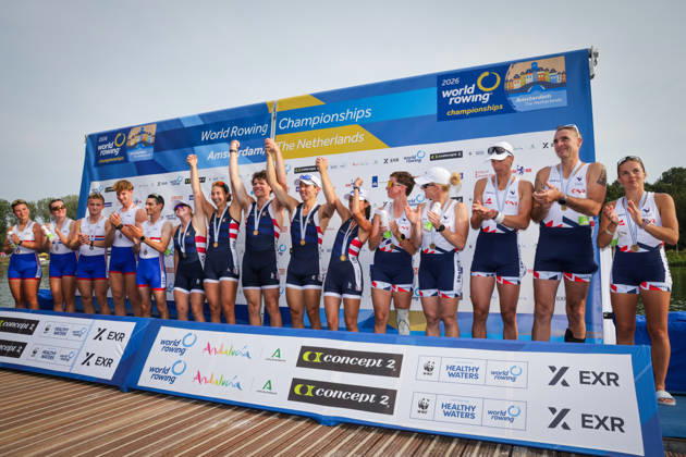 RECORD DATE NOT STATED 27th August 2026; Bosbaan, Amsterdam, Holland, Netherlands; 2026 World Rowing Championships, Day Four; =podium; Great Britain PR3 Mixed Coxed Four (PR3 Mix4+) with Francesca Allen, Charlotte Coburn, Jonty Ridley and Joshua OBrien, coxed by Omar Al-Miqdadi silver medallists, United States PR3 Mixed Coxed Four (PR3 Mix4+) with Gabriella Bigler, Skylar Dahl, Maxwell Allemeier and Alex Flynn, coxed by Hannah Diaz gold medallists and France PR3 Mixed Coxed Four (PR3 Mix4+) with Eva David, Helene Balzac, Gregoire Bireau and Laurent Cadot, coxed by Maiwenn Dumont bronze medallists AnthonyxBenoit