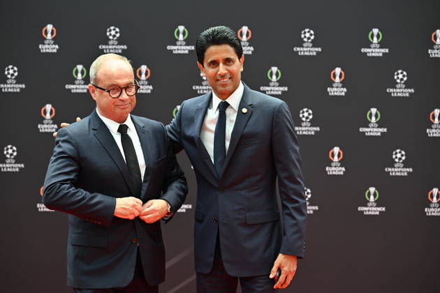 UEFA Champions League 2026 27 league phase draw in Monaco MONACO - AUGUST 27: Paris Saint Germain s Qatari president Nasser al-Khelaifi (R) poses prior to the draw ceremony for the league phase of the 2026-2027 UEFA Champions League football tournament at the Grimaldi Forum in Monaco on August 27, 2026. Mustafa Yalcin Anadolu Monaco Monaco. Editorial use only. Please get in touch for any other usage. Copyright: x2026xAnadoluxMustafaxYalcinx