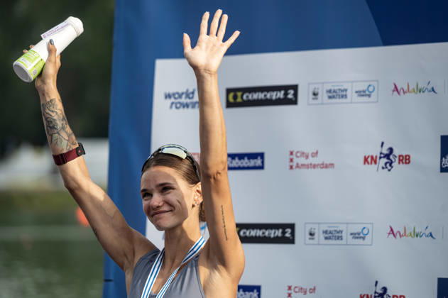 Amsterdam The Netherlands 27th August 2026 2026 World Rowing Championships on the Bosbaan in Amsterdam Lightweight Women s Single Sculls Final A (Final) Medal ceremony Mariia Zhovner (AIN) wins silver. watersport,