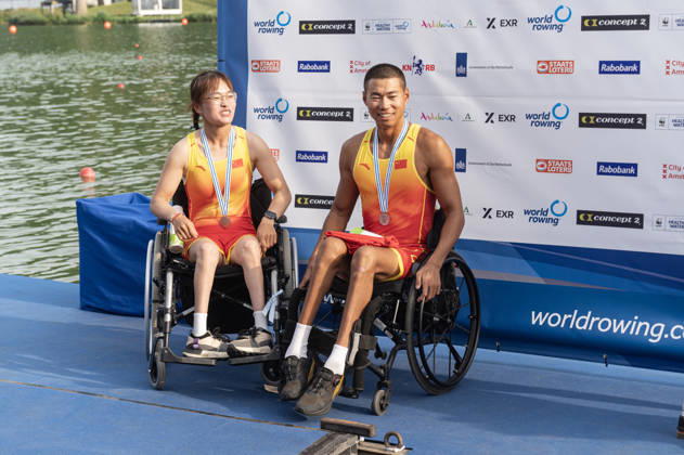 Amsterdam The Netherlands 27th August 2026 2026 World Rowing Championships on the Bosbaan in Amsterdam PR2 Mixed Double Sculls Final A (Final) Medal ceremony. Shuang Liu and Jijian Jiang (CHN) win silver watersport,
