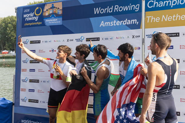 Amsterdam The Netherlands 27th August 2026 2026 World Rowing Championships on the Bosbaan in Amsterdam Lightweight Men s Double Sculls Final A (Final) Medal ceremony Naveen Alexander Shah and Maximilian Ruehling (GER) win silver Shakhzod Nurmatov and Sobirjon Safaroliyev (UZB) win gold Jamie Copus and Sean Richardson (USA) win bronze. watersport,selfies, social media, selfie,