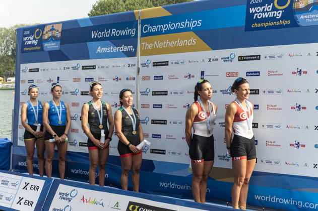 Amsterdam The Netherlands 27th August 2026 2026 World Rowing Championships on the Bosbaan in Amsterdam Lightweight Women s Double Sculls Final (Final) Medal ceremony. Silver medal winners. Paschalina Mouratidou and Gavriela Lioliou (GRE) Gold medal winners Aylin Maryah Ibarra Maduena and Melissa Marquez (MEX) Bronze medal winners Khadija Krimi and Selma Dhaouadi (TUN) watersport,