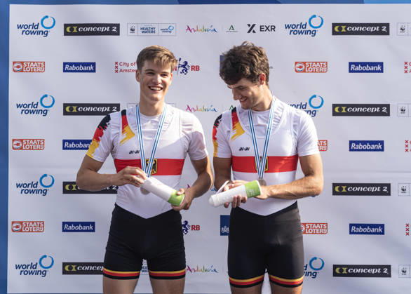 Amsterdam The Netherlands 27th August 2026 2026 World Rowing Championships on the Bosbaan in Amsterdam Lightweight Men s Double Sculls Final A (Final) Medal ceremony Naveen Alexander Shah and Maximilian Ruehling (GER) win silver. Checking out their Amsterdammetje shaped water bottles. watersport,