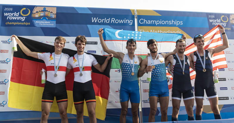 Amsterdam The Netherlands 27th August 2026 2026 World Rowing Championships on the Bosbaan in Amsterdam Lightweight Men s Double Sculls Final A (Final) Medal ceremony Naveen Alexander Shah and Maximilian Ruehling (GER) win silver Shakhzod Nurmatov and Sobirjon Safaroliyev (UZB) win gold Jamie Copus and Sean Richardson (USA) win bronze. watersport,