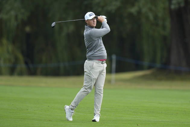 SUTTON COLDFIELD, ENGLAND - AUG 28: Joe Dean (ENG) plays from the eighth fairway during the completion of the delayed Round 1 at the 2026 Husqvarna British Masters at The Belfry, Sutton Coalfield on August 28, 2026 in Warwickshire, England The 2026 Husqvarna British Masters