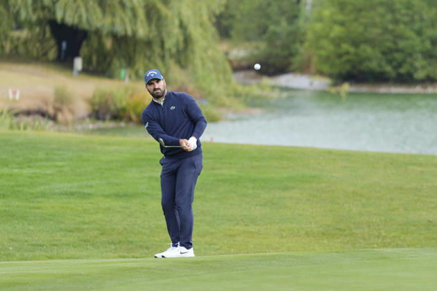 SUTTON COLDFIELD, ENGLAND - AUG 28: Antoine Rozner (FRA) chips to the 8th green during the completion of the delayed Round 1 at the 2026 Husqvarna British Masters at The Belfry, Sutton Coalfield on August 28, 2026 in Warwickshire, England The 2026 Husqvarna British Masters