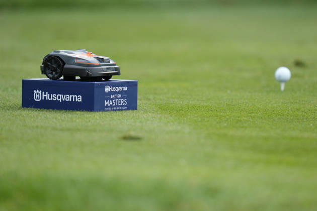 SUTTON COLDFIELD, ENGLAND - AUG 28: A model Husqvarna Robotic Mower is displayed on a tee box during the completion of the delayed Round 1 at the 2026 Husqvarna British Masters at The Belfry, Sutton Coalfield on August 28, 2026 in Warwickshire, England The 2026 Husqvarna British Masters