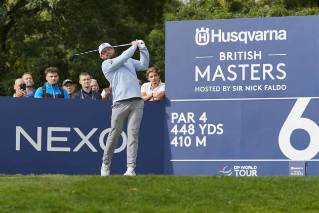 SUTTON COLDFIELD, ENGLAND - AUG 28: Tyrrell Hatton (ENG) plays from the sixth tee during the completion of the delayed Round 1 at the 2026 Husqvarna British Masters at The Belfry, Sutton Coalfield on August 28, 2026 in Warwickshire, England The 2026 Husqvarna British Masters
