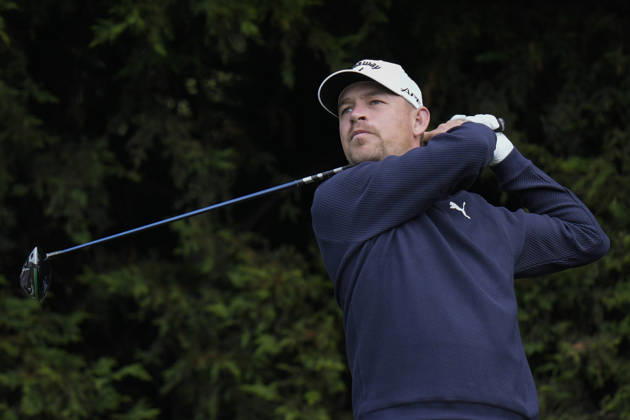 SUTTON COLDFIELD, ENGLAND - AUG 28: Jeff Winther (DEN) plays from the ninth tee during the completion of the delayed Round 1 at the 2026 Husqvarna British Masters at The Belfry, Sutton Coalfield on August 28, 2026 in Warwickshire, England The 2026 Husqvarna British Masters
