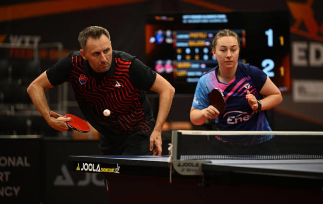 Final of mixed doubles of Table tennis, Tischtennis during the WTT Feeder Olomouc, Czech Republic, August 28, 2026. From right Natalia Bajorova of Poland, Lubomir Pistej od Slovakia. (CTKxPhoto LudekxPerina) CTKPhotoP2026082804462  CTKPhotoP2026082804462