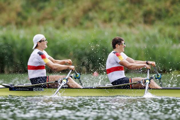 AMSTERDAM - Oliver Holtz and Arno Gaus (GER) during the B-final of the men s double sculls on the fifth day of the World Rowing Championships at the Bosbaan in the Amsterdam Forest. IRIS VAN DEN BROEK ANP xVIxANPxSportx xxANPxIVx 566428975 originalFilename: 566428975.jpg