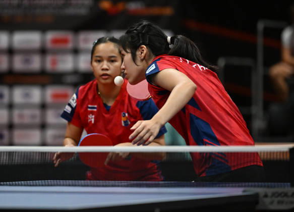 From left Orawan Paranang and Suthasini Sawettabut of Thailand in action during the match against Rin Mende and Misuzu Takeya of Japan during the women s doubles Table tennis, Tischtennis final at the WTT Feeder in Olomouc, Czech Republic, on August 28, 2026. (CTKxPhoto LudekxPerina) CTKPhotoP2026082806116  CTKPhotoP2026082806116