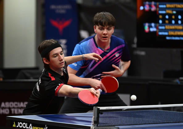 From left David Szantosi of Hungary and Mateusz Zalewski of Poland in action during the match against Ankur Bhattacharjee and Akash Pal of India during the men s doubles Table tennis, Tischtennis final at the WTT Feeder in Olomouc, Czech Republic, on August 28, 2026. (CTKxPhoto LudekxPerina) CTKPhotoP2026082806260  CTKPhotoP2026082806260