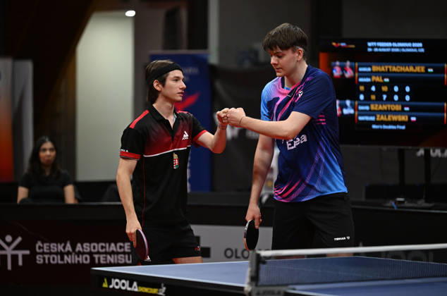 From left David Szantosi of Hungary and Mateusz Zalewski of Poland react during the match against Ankur Bhattacharjee and Akash Pal of India during the men s doubles Table tennis, Tischtennis final at the WTT Feeder in Olomouc, Czech Republic, on August 28, 2026. (CTKxPhoto LudekxPerina) CTKPhotoP2026082806277  CTKPhotoP2026082806277