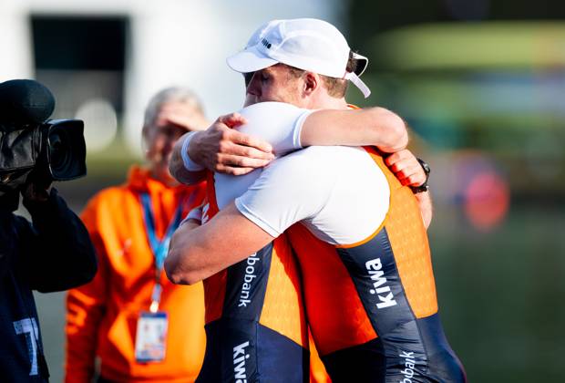 AMSTERDAM - Simon van Dorp and Melvin Twellaar in action during the men s double sculls final on the fifth day of the World Rowing Championships at the Bosbaan in the Amsterdam Forest. IRIS VAN DEN BROEK ANP xVIxANPxSportx xxANPxIVx 566443386 originalFilename: 566443386