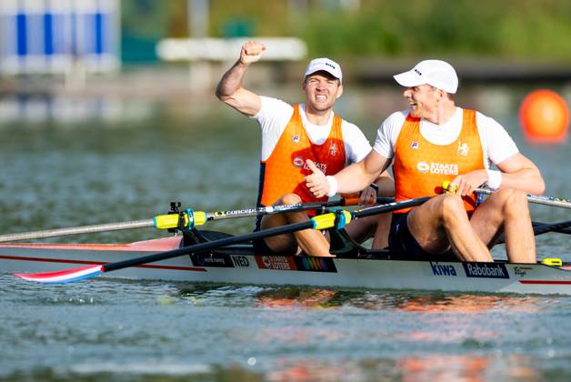 AMSTERDAM - Simon van Dorp and Melvin Twellaar in action during the men s double sculls final on the fifth day of the World Rowing Championships at the Bosbaan in the Amsterdam Forest. IRIS VAN DEN BROEK ANP xVIxANPxSportx xxANPxIVx 566443438 originalFilename: 566443438