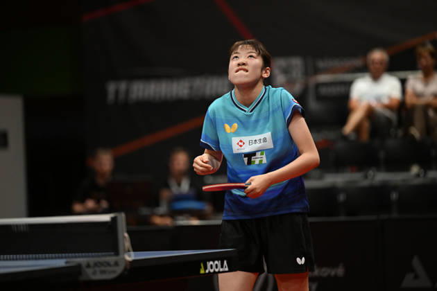 Rin Mende of Japan reacts during the match against Misuzu Takeya of Japan during the women s singles Table tennis, Tischtennis final at the WTT Feeder in Olomouc, Czech Republic, on August 28, 2026. (CTKxPhoto LudekxPerina) CTKPhotoP2026082806439  CTKPhotoP2026082806439