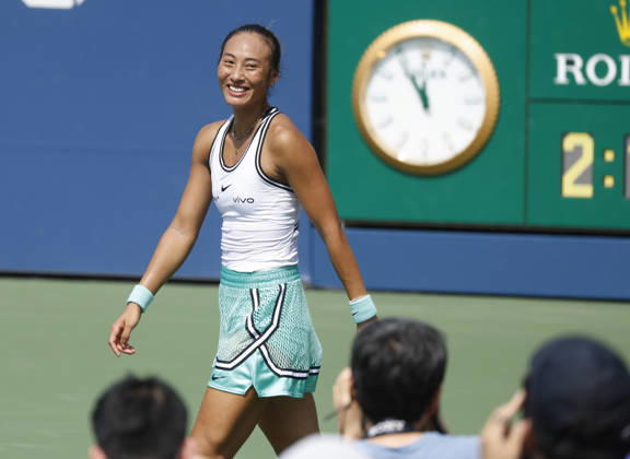 Qinwen Zheng of China celebrates after match point defeating Elena Pridankina in straight sets in their qualifying final match at the 2026 US Open Tennis Championship at the USTA Billie Jean King National Tennis Center in New York City on Friday, August 28, 2026.  NYP20260828121 JOHNxANGELILLO