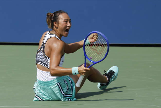 Qinwen Zheng of China celebrates after match point defeating Elena Pridankina in straight sets in their qualifying final match at the 2026 US Open Tennis Championship at the USTA Billie Jean King National Tennis Center in New York City on Friday, August 28, 2026.  NYP20260828123 JOHNxANGELILLO