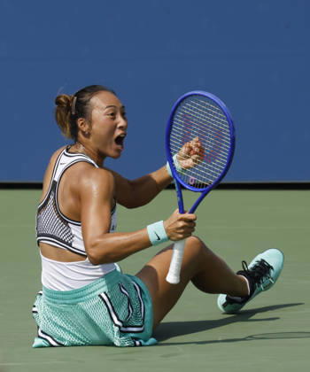 Qinwen Zheng of China celebrates after match point defeating Elena Pridankina in straight sets in their qualifying final at the 2026 US Open Tennis Championship at the USTA Billie Jean King National Tennis Center in New York City on Friday, August 28, 2026.  NYP20260828124 JOHNxANGELILLO