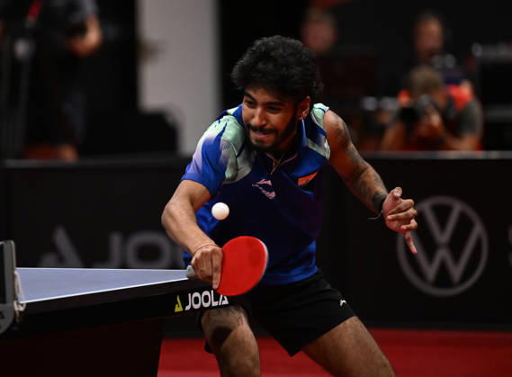 Ankur Bhattacharjee of India in action during the match against Deni Kozul of Slovenia during the men s singles Table tennis, Tischtennis final at the WTT Feeder in Olomouc, Czech Republic, on August 28, 2026. (CTKxPhoto LudekxPerina) CTKPhotoP2026082806736  CTKPhotoP2026082806736