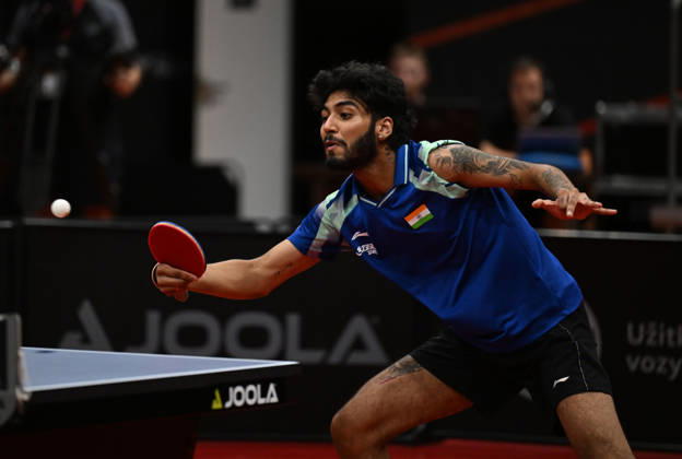 Ankur Bhattacharjee of India in action during the match against Deni Kozul of Slovenia during the men s singles Table tennis, Tischtennis final at the WTT Feeder in Olomouc, Czech Republic, on August 28, 2026. (CTKxPhoto LudekxPerina) CTKPhotoP2026082806745  CTKPhotoP2026082806745