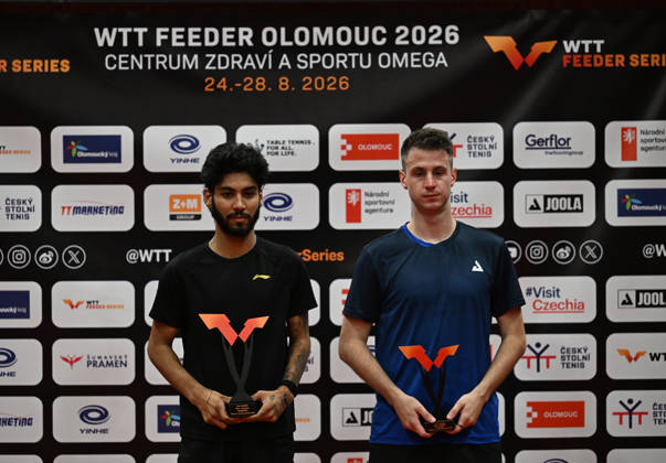 From left winner Ankur Bhattacharjee of India and Deni Kozul of Slovenia after the men s singles Table tennis, Tischtennis final at the WTT Feeder in Olomouc, Czech Republic, on August 28, 2026. (CTKxPhoto LudekxPerina) CTKPhotoP2026082806755  CTKPhotoP2026082806755