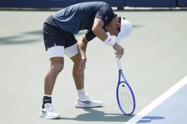Kei Nishikori of Japan reacts after losing a point to Rei Sakamoto of Japan before his defeat in a qualifying final round match at the 2026 US Open Tennis Championship at the USTA Billie Jean King National Tennis Center in New York City on Friday, August 28, 2026. This was Nishikori s final Grand Slam appearance.  NYP20260828139 JOHNxANGELILLO