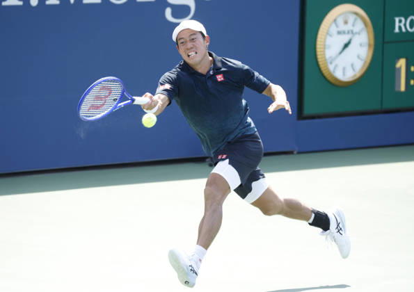 Kei Nishikori of Japan returns a ball to Rei Sakamoto of Japan before his defeat in a qualifying final round match at the 2026 US Open Tennis Championship at the USTA Billie Jean King National Tennis Center in New York City on Friday, August 28, 2026. This was Nishikori s final Grand Slam appearance.  NYP20260828140 JOHNxANGELILLO