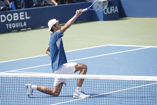 Rei Sakamoto of Japan reacts after match point defeating Kei Nishikori of Japan in straight sets in a qualifying final round match at the 2026 US Open Tennis Championship at the USTA Billie Jean King National Tennis Center in New York City on Friday, August 28, 2026. This was Nishikori s final Grand Slam appearance.  NYP20260828135 JOHNxANGELILLO