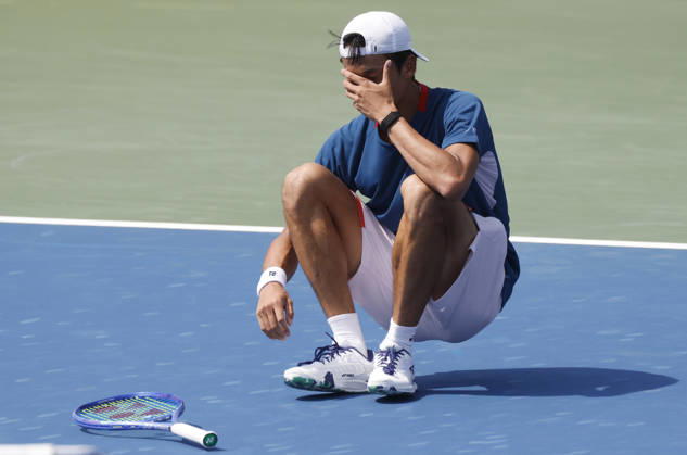 Rei Sakamoto of Japan reacts after match point defeating Kei Nishikori of Japan in straight sets in a qualifying final round match at the 2026 US Open Tennis Championship at the USTA Billie Jean King National Tennis Center in New York City on Friday, August 28, 2026. This was Nishikori s final Grand Slam appearance.  NYP20260828137 JOHNxANGELILLO