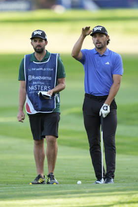 SUTTON COLDFIELD, ENGLAND - AUG 28: Marco Penge (ENG) gestures as he discusses his shot on the 1st fairway during Round 2 at the 2026 Husqvarna British Masters at The Belfry, Sutton Coalfield on August 28, 2026 in Warwickshire, England The 2026 Husqvarna British Masters