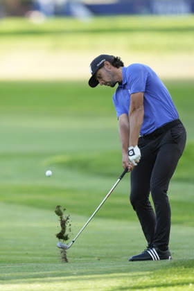 SUTTON COLDFIELD, ENGLAND - AUG 28: Marco Penge (ENG) plays from the first fairway during Round 2 at the 2026 Husqvarna British Masters at The Belfry, Sutton Coalfield on August 28, 2026 in Warwickshire, England The 2026 Husqvarna British Masters