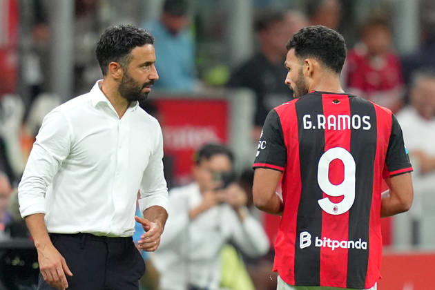 AC Milan™s Goncalo Ramos celebrates after scoring 1-0 , AC Milan™s head coach Ruben Amorim during the Serie A soccer match between Ac Milan and Venezia at the San Siro Stadium in Milan, north Italy - Friday August 28 , 2026. - Soccer Copyright: xSpada LaPressex