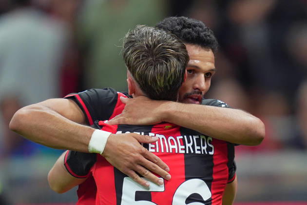 AC Milan™s Goncalo Ramos celebrates after scoring 1-0 , AC Milan s Alexis Saelemaekers during the Serie A soccer match between Ac Milan and Venezia at the San Siro Stadium in Milan, north Italy - Friday August 28 , 2026. - Soccer Copyright: xSpada LaPressex