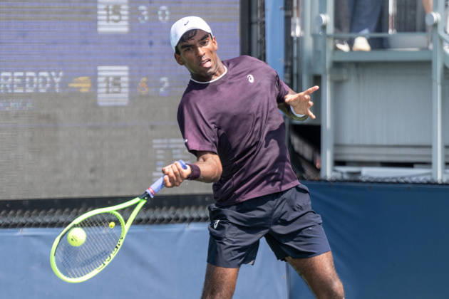 US Open qualifying final round NEW YORK, USA - AUGUST 28: Nishesh Basavareddy returns ball during a men s qualifying singles match final round of the 2026 US Open Championship at USTA Billie Jean King National Tennis Center on August 28, 2026 in Flushing, NY. Nishesh Basavareddy won in straight sets and progressed to play in main draw of tournament. Lev Radin Anadolu New York United States. Editorial use only. Please get in touch for any other usage.  Copyright: x2026xAnadoluxLevxRadinx