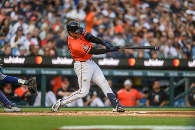 Aug 28, 2026; Detroit, Michigan, USA; Detroit Tigers Dillon Dingler (13) with a swing and a miss at Comerica Park. Mandatory Credit: -Cal Media MLB, Baseball Herren, USA 2026: Dodgers Vs Tigers AUG 28  - ZUMAc04_ 20260828_zma_c04_013 Copyright: xAllanxDranbergx