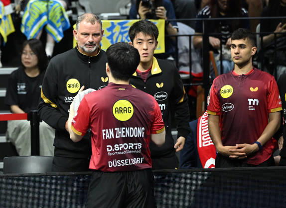 German Table Tennis Cup Grand Opening with Fan Zhendong of Borussia Düsseldorf, photo ms0763, NUREMBERG, GERMANY, AUGUST 29, 2026. Fan Zhendong of Borussia Düsseldorf, photo ms0763, with Danny Heister, Dang Qiu, and Kanak Jha at the Table Tennis Bundesliga Cup Grand Opening for the 2026–2027 season at the Kia Metropol Arena in Nuremberg, Nuremberg, Kia Metropol Arena, Bavaria, Germany