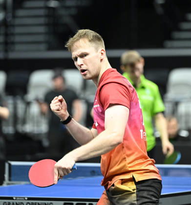 German Table Tennis Cup Grand Opening with Benedikt Duda of TTC Schwalbe Bergneustadt, photo ms0931 NUREMBERG, GERMANY, AUGUST 29, 2026: Benedikt Duda of TTC Schwalbe Bergneustadt (photo ms0931) in action at the Table Tennis Bundesliga Cup Grand Opening for the 2026–2027 season at the Kia Metropol Arena in Nuremberg, Nuremberg Kia Metropol Arena, Bavaria, Germany